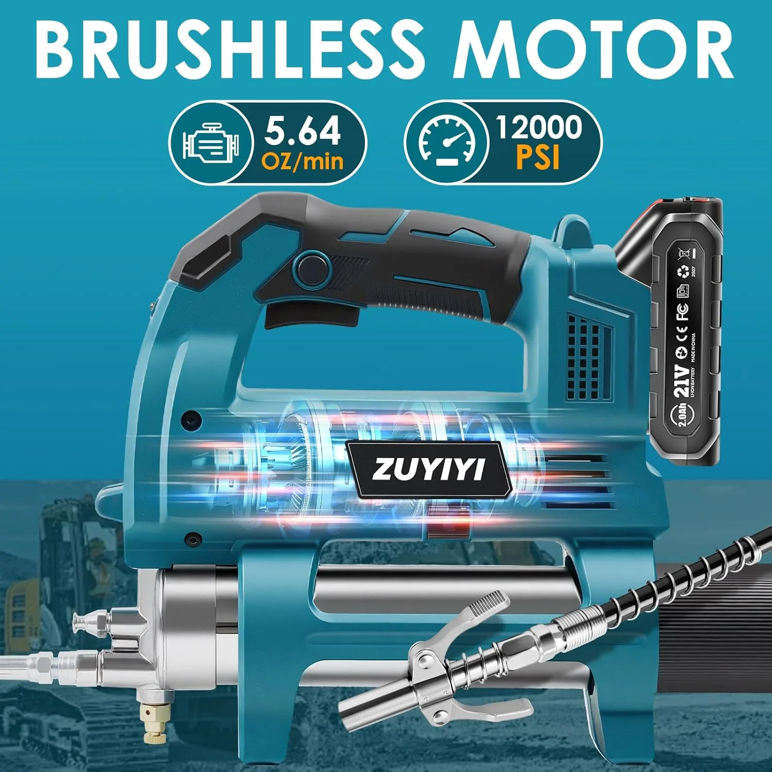 ZUYIYI Cordless Power Grease Gun, 12000 - Image 3