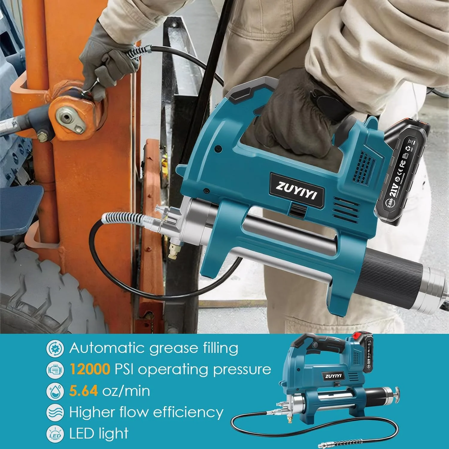 ZUYIYI Cordless Power Grease Gun, 12000 - Image 7